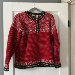 L.L.Bean Fair Isle Cotton Sweater Women’s large Red Nordic Henley